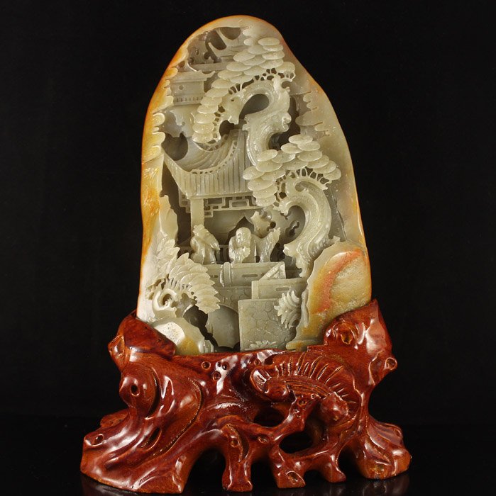 Chinese Natural Hetian Jade Statue - Sages & Pine Tree (1 of 7)