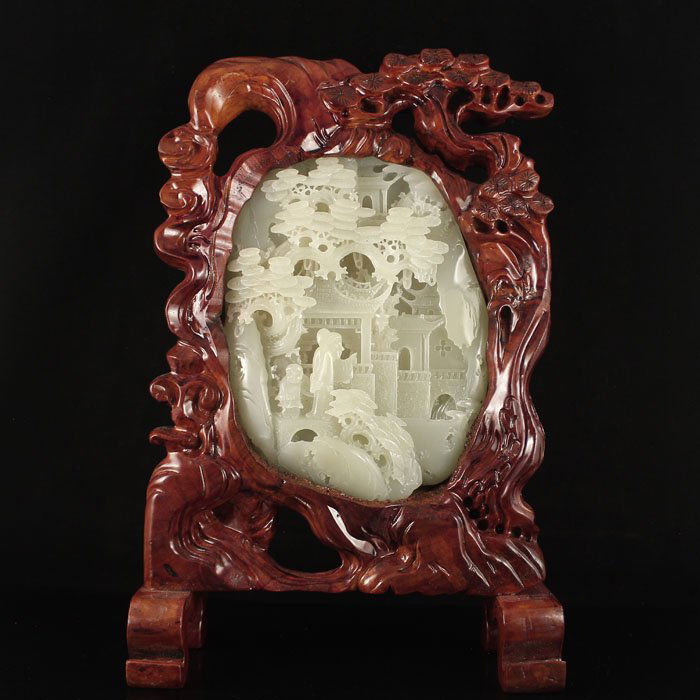Vietnam Huang Hua Li Wood Inlay Hetian Jade Statue (1 of 7)