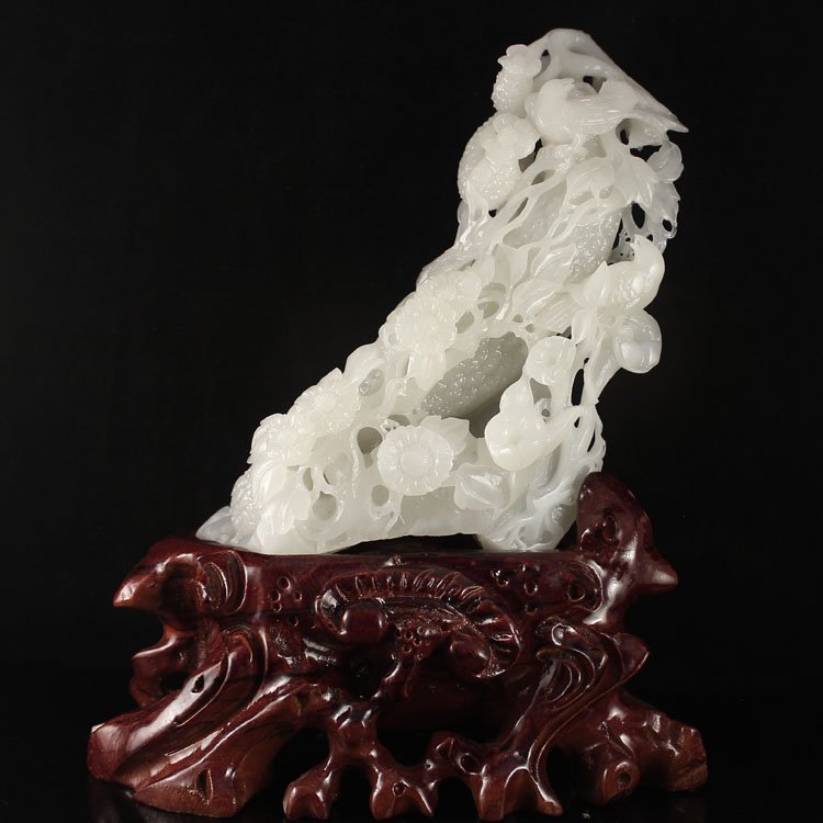 Chinese White Hetian Jade Balsam Pear & Birds Statue (1 of 7)
