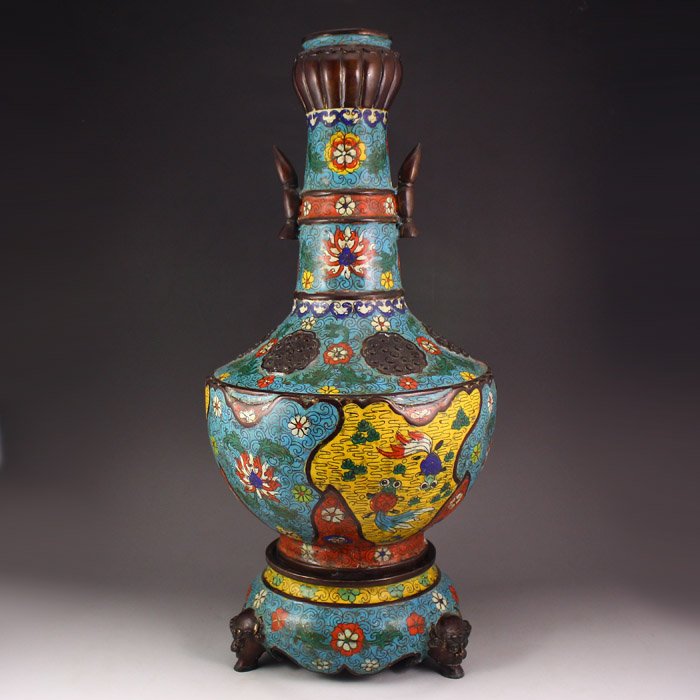 Vintage Chinese Bronze Cloisonne Vase w Base (1 of 10)