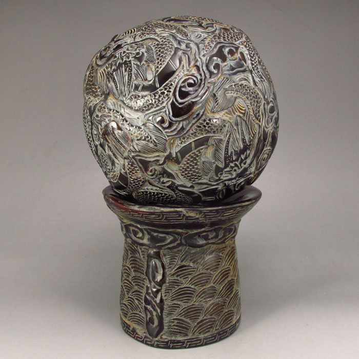 Chinese Ox Horn Statue - Dragon & Fire Ball (1 of 6)