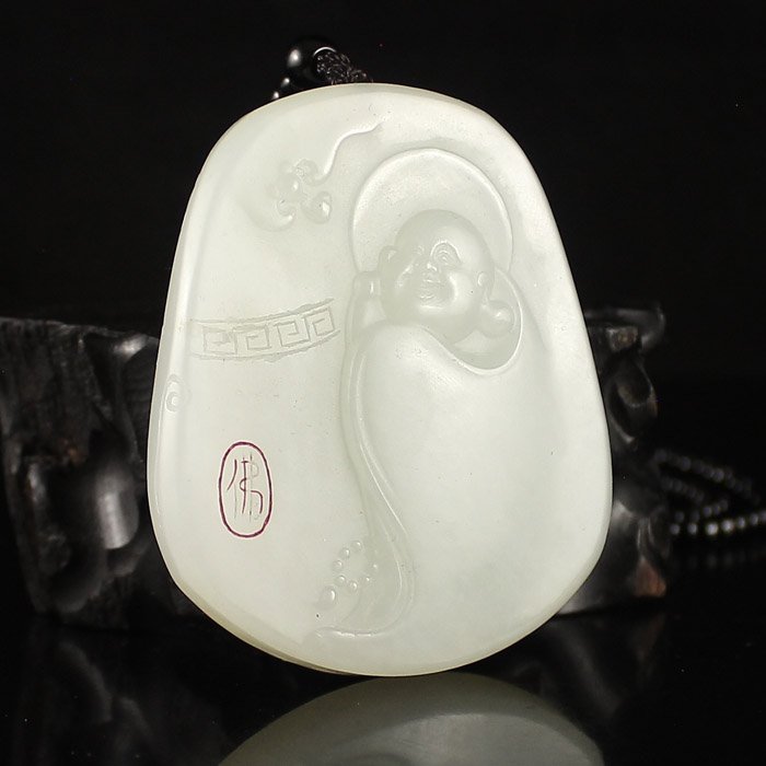 Chinese White Hetian Jade Pendant - Laughing Buddha (1 of 6)
