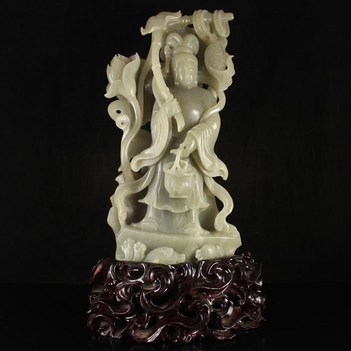 Chinese Qing Dy Hetian Jade Statue - Lotus Deity: Vintage Chinese Qing Dy Natural Hetian Jade Statue - Lotus Deity Dimension: 230*110*70(mm) 9.06*4.33*2.76(in) Weight 2.68 lbs/1217 g Tips about Chinese Hetian Nephrite Jade Hetian jade is a nephrite j