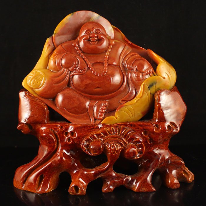 Superb Chinese Natural Jade Statue - Laughing Buddha: Superb Chinese Natural Jade Statue - Laughing Buddha Dimension:150*120*33(mm)5.91*4.72*1.30(in)Weight 1.62 lbs/737 g The total weight does not include the base. The base is included after you have won