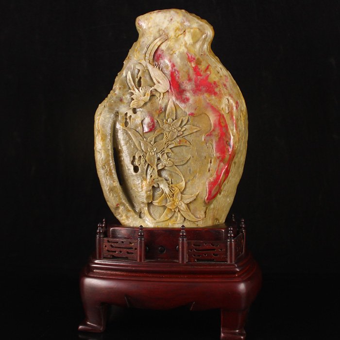 Chinese Chicken Blood Stone Statue - Flower & Birds (1 of 7)
