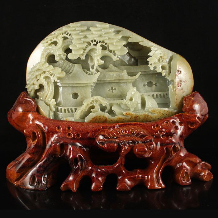Chinese Hetian Jade Statue w Fishing Man & Pine Tree (1 of 7)