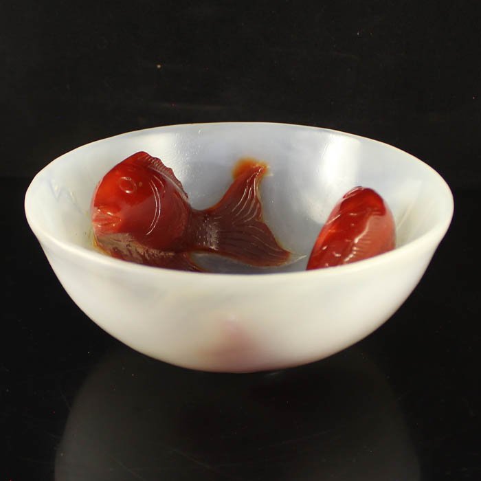 Beautiful Color Chinese Natural Agate Bowl Carved Fish (1 of 5)