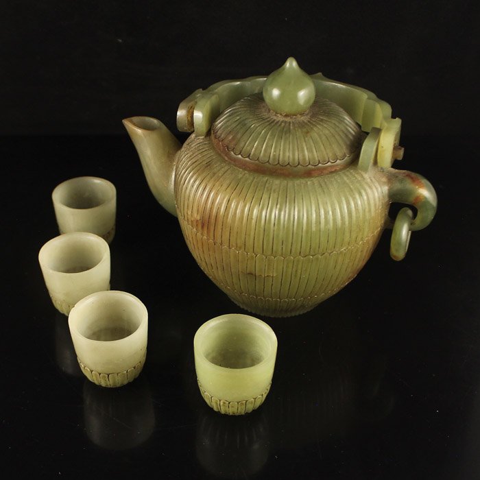 Chinese Qing Dynasty Hetian Jade Teapot & Cups (1 of 10)