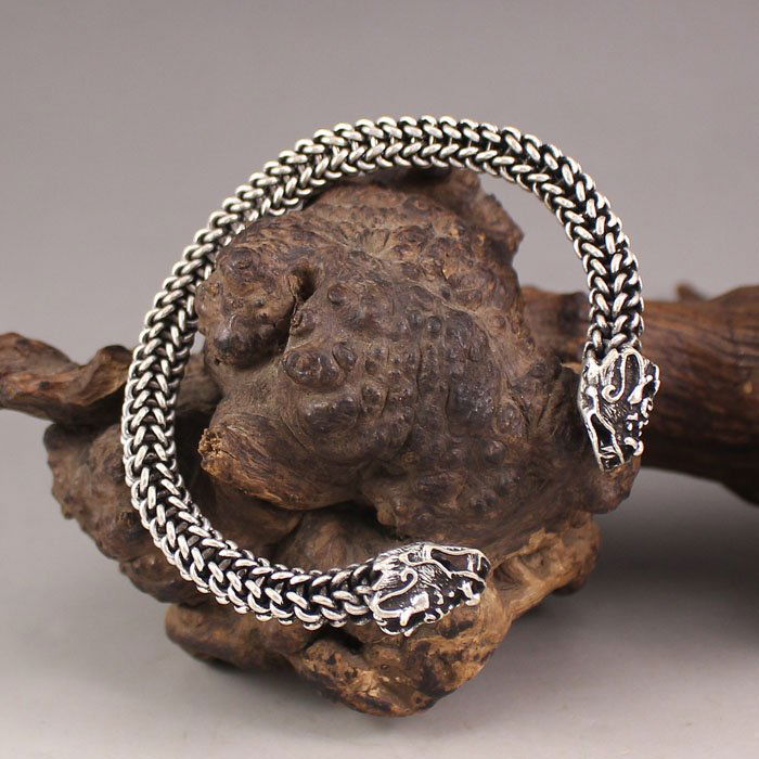 Vintage Chinese White Copper Dragon Head Bracelet (1 of 5)