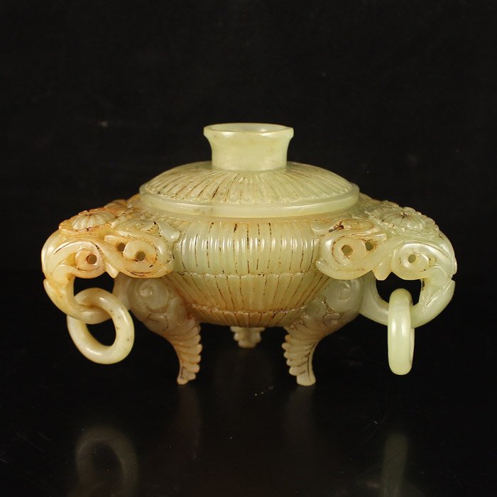 Chinese Hetian Jade Three Rings 3 Leg Incense Burner (1 of 6)