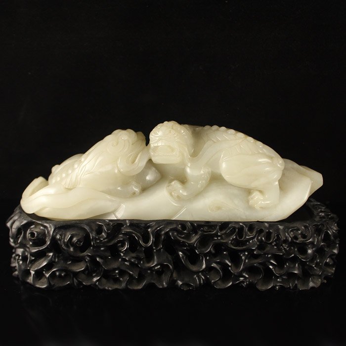 Vintage China Natural Hetian Jade Statue - Lions & Ball (1 of 7)