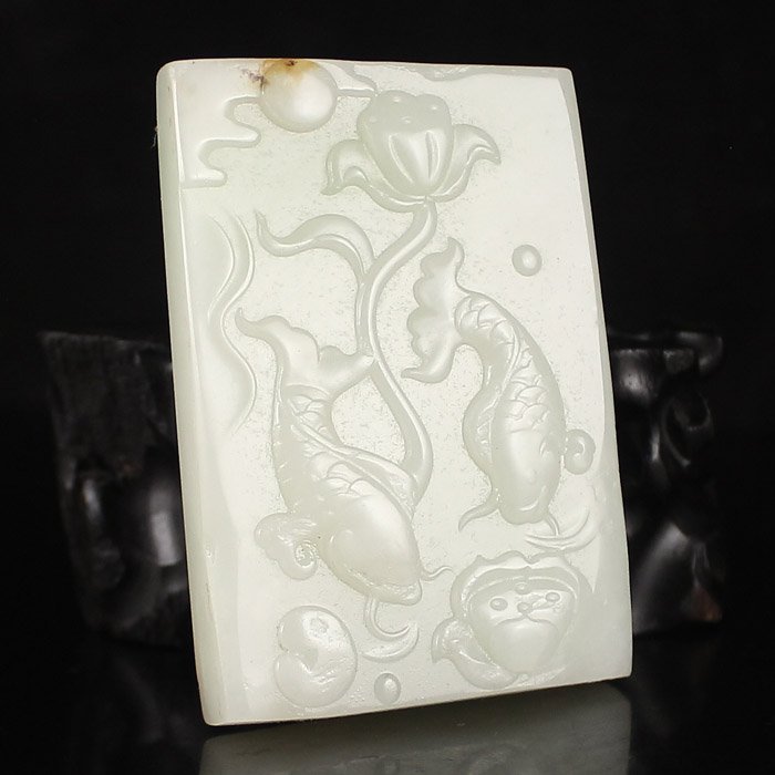 Chinese Natural Hetian Jade Pendant - Catfish & Lotus (1 of 6)