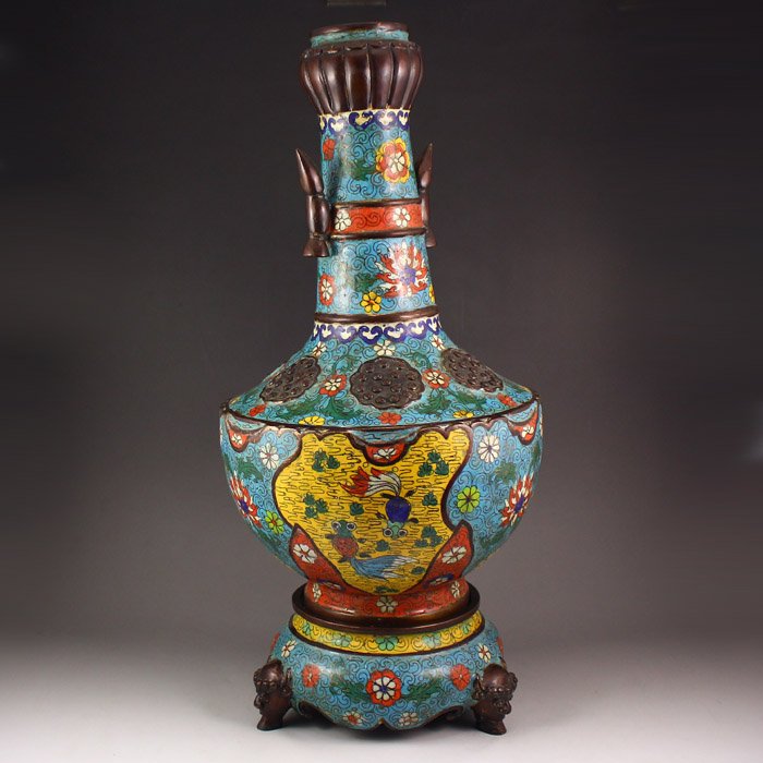 Chinese Bronze Cloisonne Bottle W Qianlong Mark (1 of 10)
