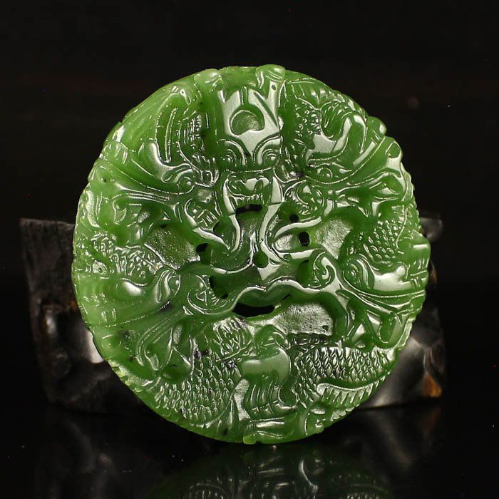 Chinese Green Hetian Jade Pendant - Dragons & Ball (1 of 6)