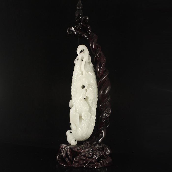 Chinese White Hetian Jade Statue - Cucumber & Bird (1 of 8)