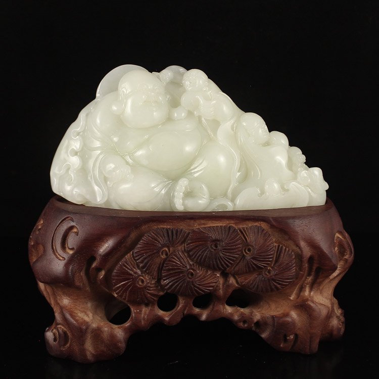 Chinese White Hetian Jade Statue - Laughing Buddha &Kid (1 of 5)