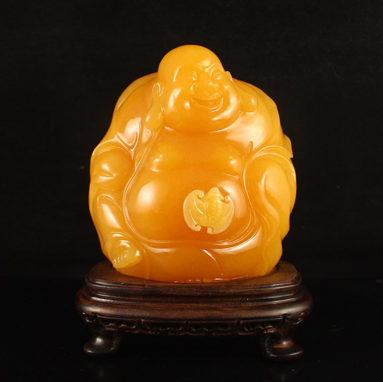 Natural Indonesia Jin Tian Seal Statue - Laughing Buddh: Beautiful Color Natural Indonesia Jin Tian Seal Statue - Laughing Buddh Dimension: 115*105*70(mm) 4.53*4.13*2.76(in) Weight 2.53 lbs/1148 g Jin Tian Huang from Indonesia and Java Sun Xi, the stone in 