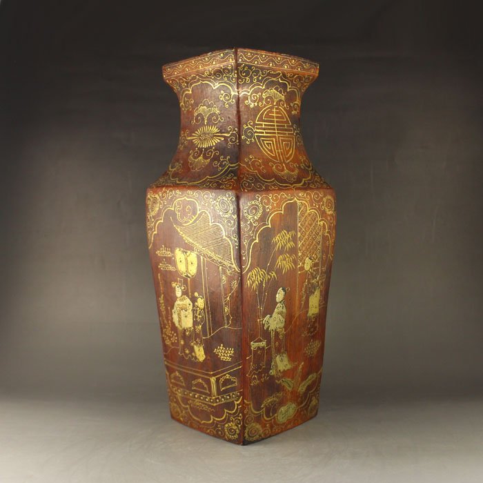 Chinese Hard Wood Lacquerware Vase w Qianlong Mark (1 of 6)