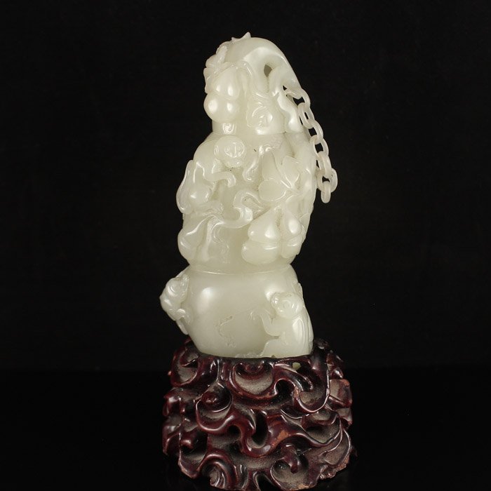 Chinese Hetian Jade Monkeys Gourds Pot w Chain Lid (1 of 9)