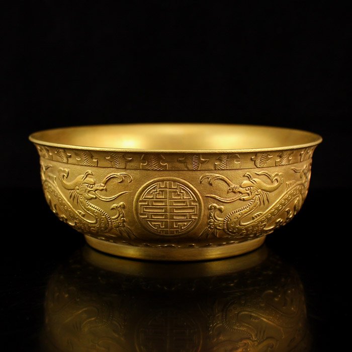 Chinese Gilt Gold Low Relief Porcelain Dragon Bowl (1 of 9)
