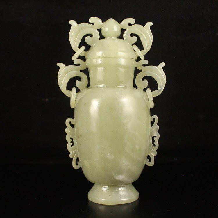 Chinese Natural Hetian Jade Double Rings Vase w Lid (1 of 6)