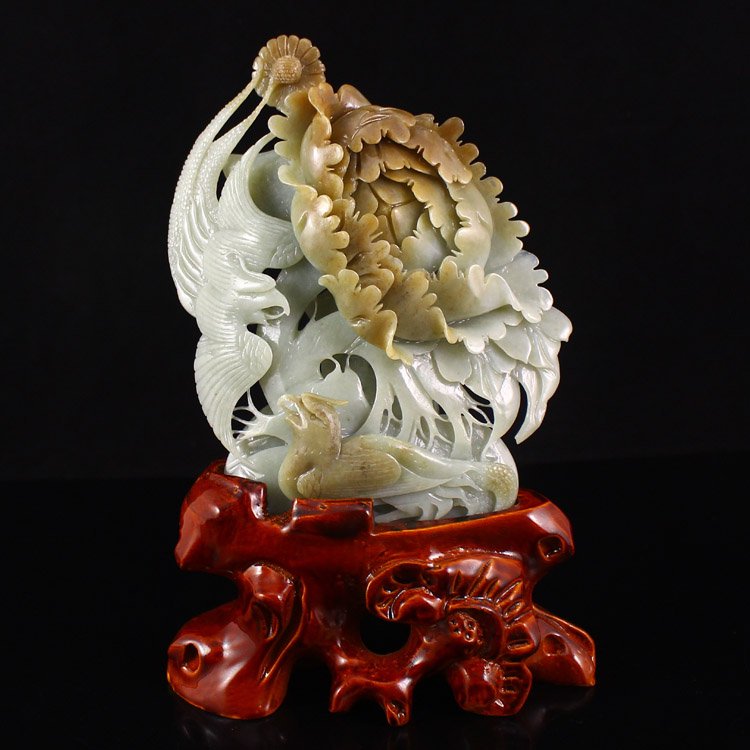 Chinese Natural Hetian Jade Statue - Phoenixes & Peony (1 of 6)
