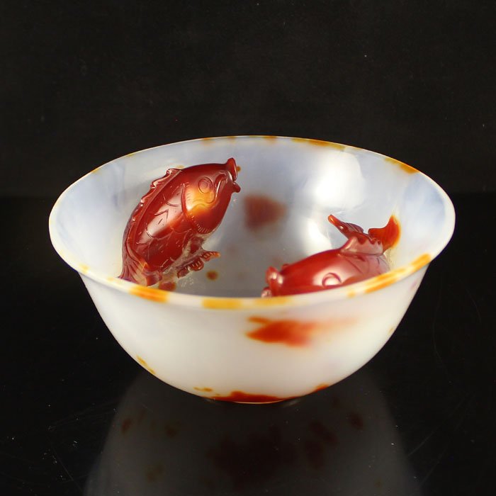 Chinese Natural Agate Bowl Carved Fortune Carp (1 of 6)