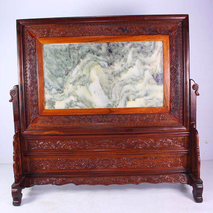 Chinese Natural Sanders Wood Inlay Dushan Jade Screen: Chinese Natural Sanders Wood Inlay Dushan Jade ScreenDimension:410*105*125(mm) 16.14*4.13*4.92(in) Weight 4.37 lbs/1980 g The world there is Shen Tan, sandalwood, green Tan, ebony, rosewood, red sanda