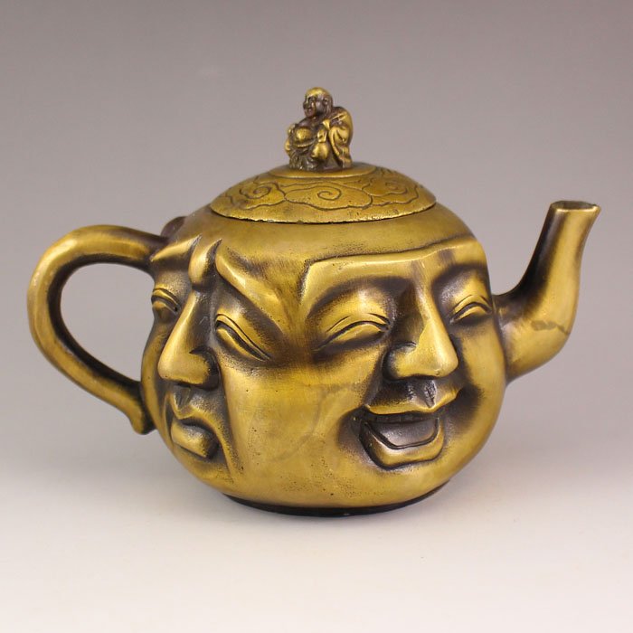 Vintage Chinese Brass Teapot Carved Four Face Buddha