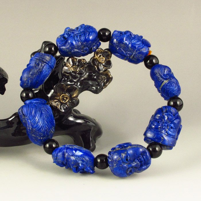 Chinese Lapis Lazuli Bracelet w Eight Taoist Immortals (1 of 9)