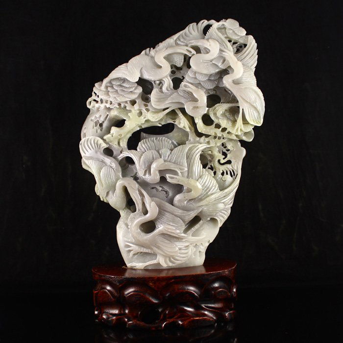 Chinese Natural Hetian Jade Statue w Grane & Pine Tree (1 of 6)