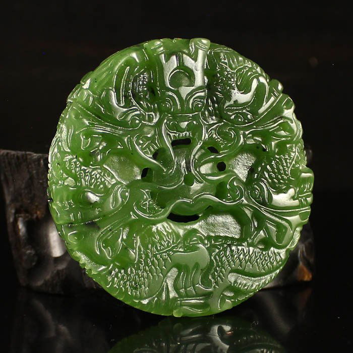 Chinese Natural Green Hetian Jade Pendant - Dragons (1 of 6)