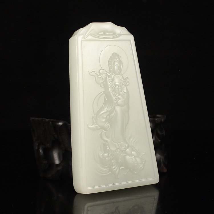 Chinese White Hetian Jade Pendant - Kwan-yin & Catfish (1 of 6)