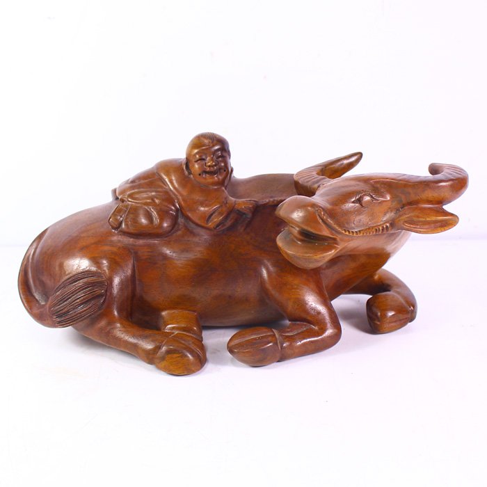 Chinese Natural Huali Wood Statue - Fortune Kid & Ox (1 of 6)