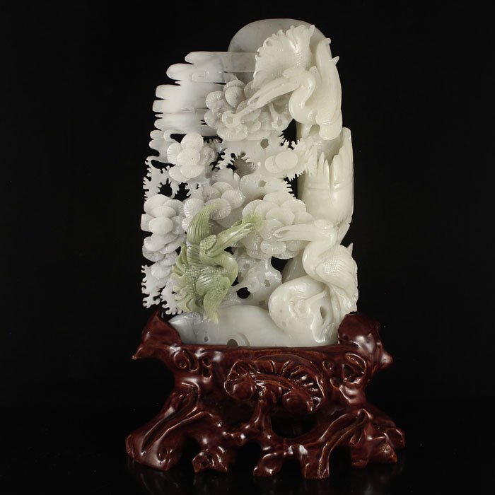 Chinese Natural Hetian Jade Statue - Crane & Pine Tree (1 of 7)