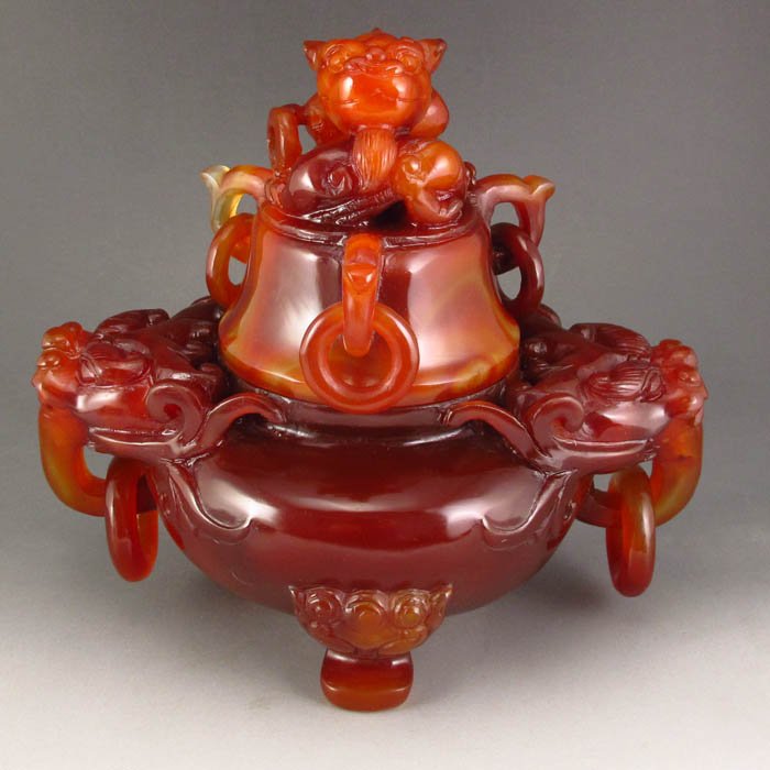 Chinese Red Agate Double Ears 3 legs Incense Burner (1 of 9)