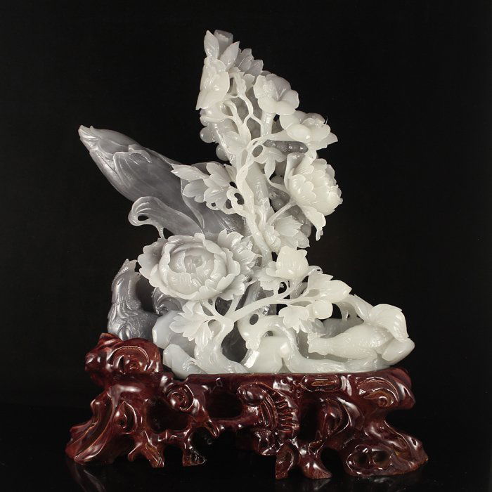 Chinese Natural Hetian Jade Statue - Chicken & Peony (1 of 10)