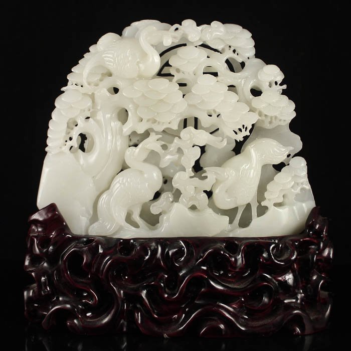 Openwork Chinese Hetian Jade Statue w Cranes,Pine Tree (1 of 7)