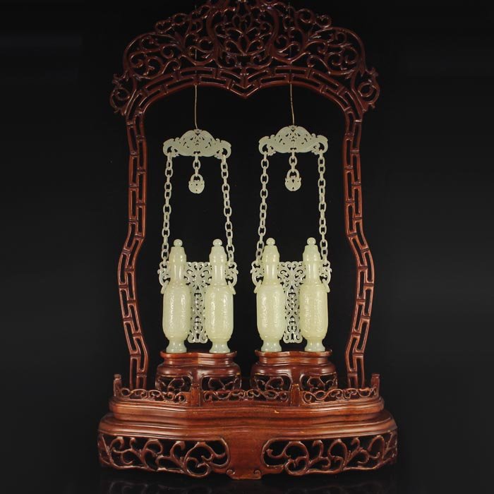 Chinese Hetian Jade Low Relief Braced Chain Twins Vases (1 of 10)
