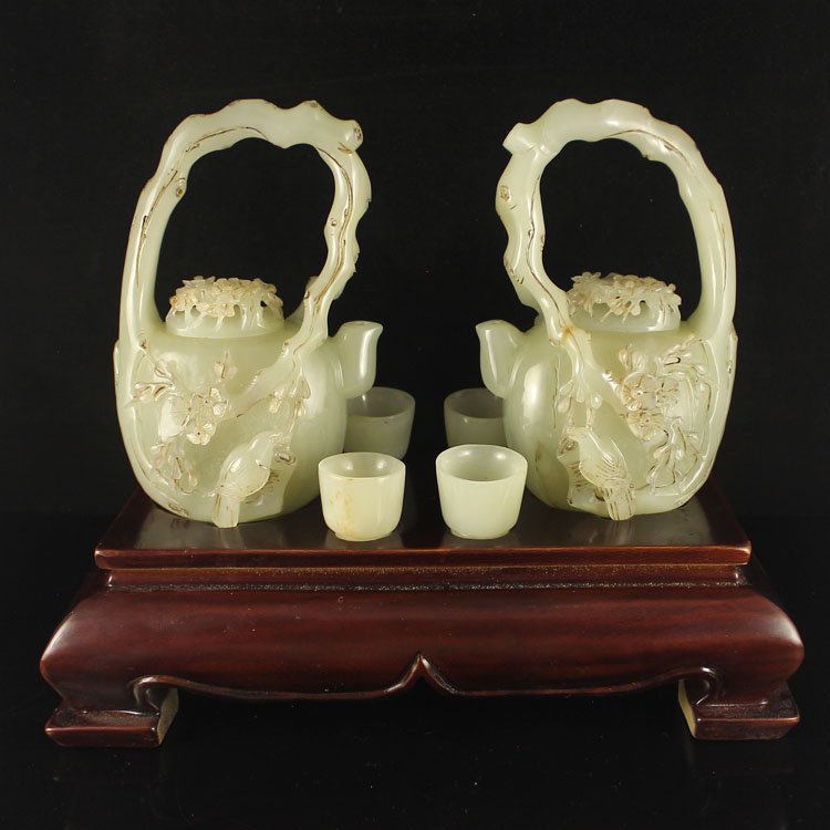 A Pair Vintage Chinese Hetian Jade Teapots & Cups (1 of 10)