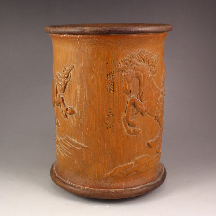 Chinese Natural Bamboo Brush Pot Carved Eight Horse (1 of 8)