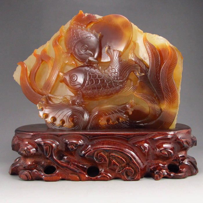 Chinese Natural Agate Statue - Lucky Fish & Float Grass (1 of 7)