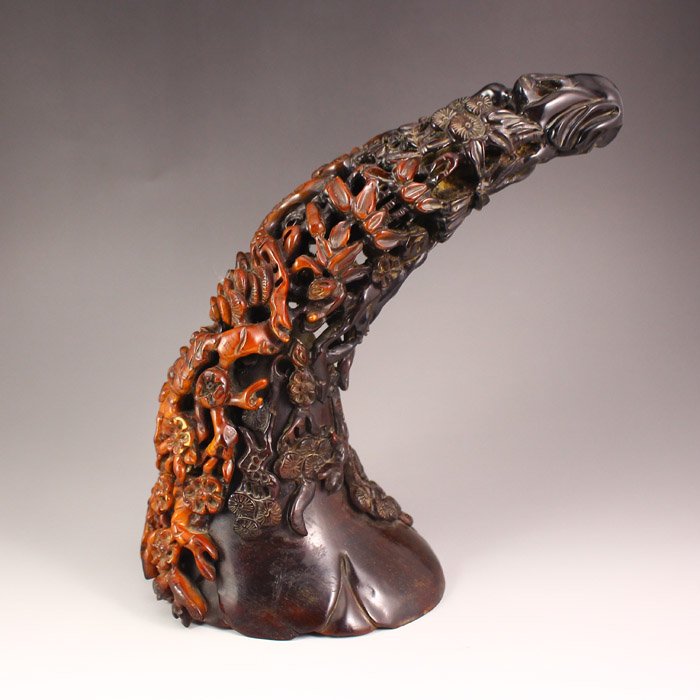 Openwork Chinese Ox Horn Pine Tree & Plum Flower Statue (1 of 9)