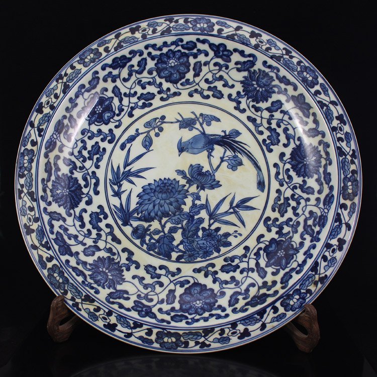 China Blue And White Porcelain Plate w Magpie & Flower (1 of 10)