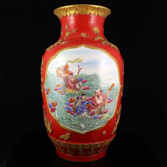 Chinese Gilt Gold Famille Rose Relief Porcelain Vase (1 of 10)