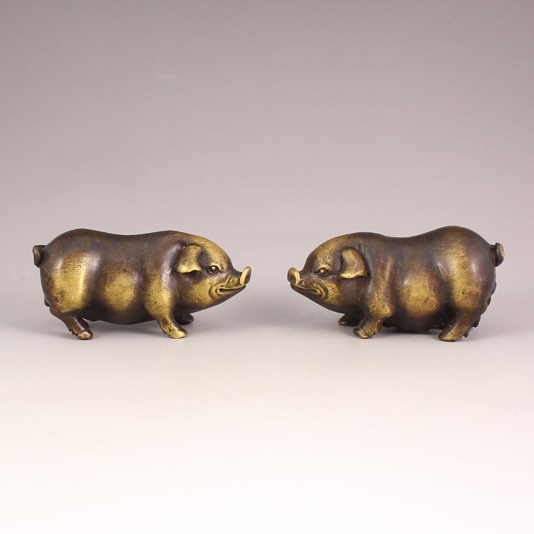 A Pair Chinese Brass Statue - Lucky Pigs (1 of 7)