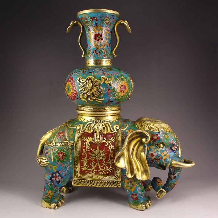 Chinese Brass Cloisonne Inlay Gold Wire Elephant Statue (1 of 10)