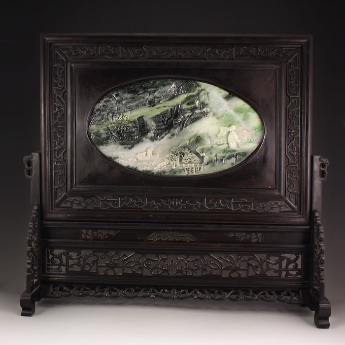 Chinese Natural Zitan Wood Inlay Dushan Jade Screen: Superb Chinese Natural Zitan Wood Inlay Dushan Jade Screen w Poet Libai Dimension: 460*417*132(mm) 18.11*16.42*5.20(in) Weight 6.06 lbs/2749 g
