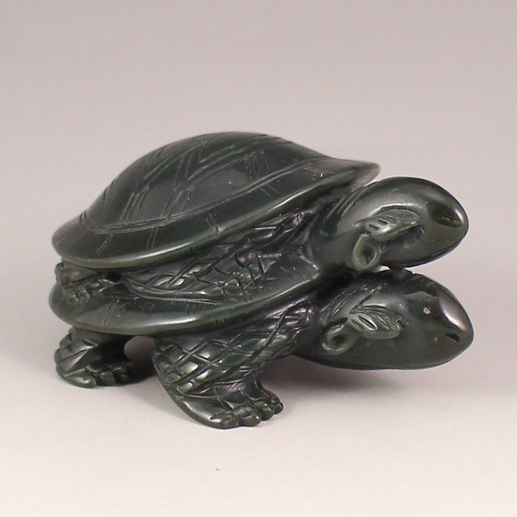 Chinese Natural Deep Green Hetian Jade Statue - Turtles (1 of 7)