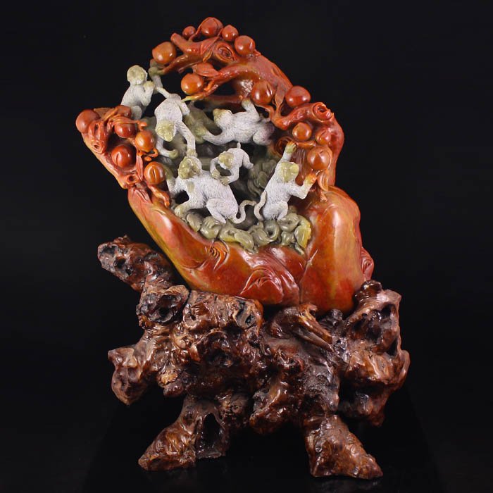 Chinese Shoushan Stone Statue - Monkeys & Peaches (1 of 10)